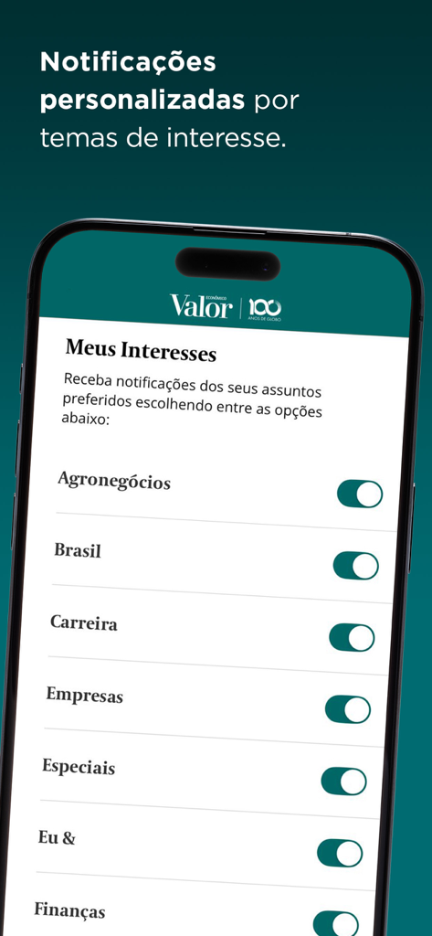 Personalized business news notification settings in the Valor Economico app.