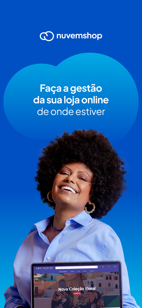 A smiling entrepreneur using Nuvemshop to manage her online fashion store from her laptop