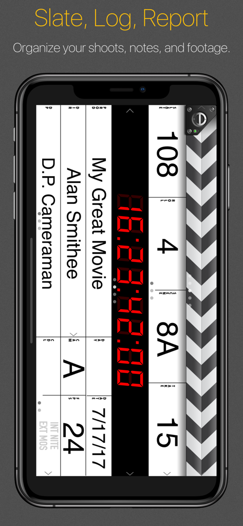 MovieSlate 8 app on an iPhone displaying a professional digital clapperboard with timecode and production info