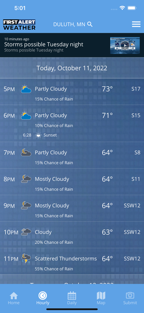 Northern News Now First Alert - Northern News Now First Alert weather app hourly forecast screen for Duluth Minnesota
