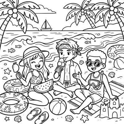 Discover a cheerful summer beach scene featuring your favorite Time Loop Victims enjoying a break from their temporal adventures. This delightful coloring page invites you to add a splash of color to their sunny vacation.