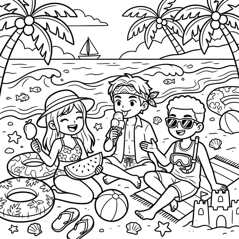 Discover a cheerful summer beach scene featuring your favorite Time Loop Victims enjoying a break from their temporal adventures. This delightful coloring page invites you to add a splash of color to their sunny vacation.