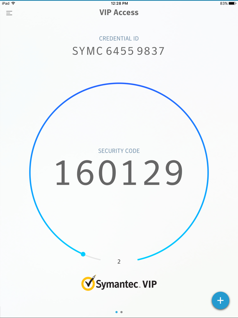 VIP Access para iPad mostrando un código de seguridad de autenticación de dos factores de seis dígitos y el ID de credencial.