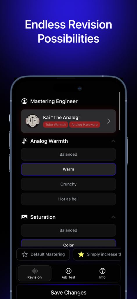 Audio Mastering - SoundBoost - SoundBoost app interface showing endless audio revision possibilities with analog warmth and saturation settings