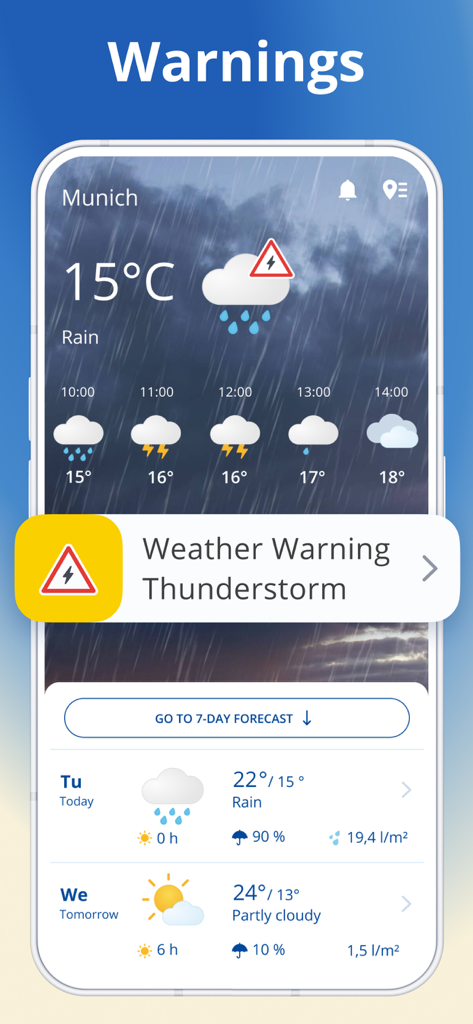 weather 24: Forecast & Radar - weather 24 app interface showing a thunderstorm warning banner and hourly rain forecast for Munich