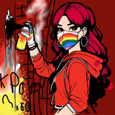 realistic girl with mask spray painting a wall