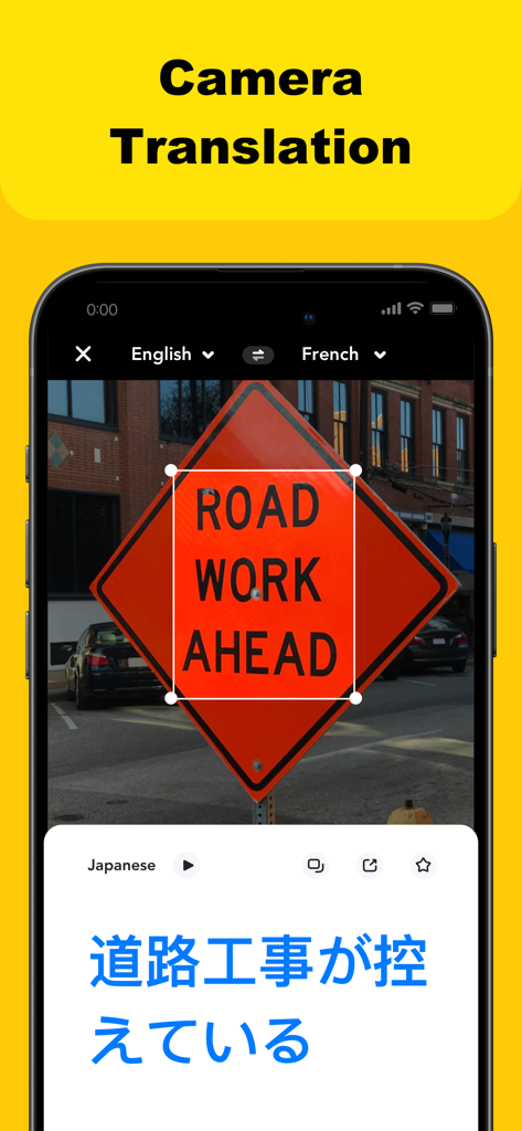 Translation Book:AI Translator - Fonctionnalité de traduction par caméra de l'application Translation Book scannant un panneau de signalisation routière.