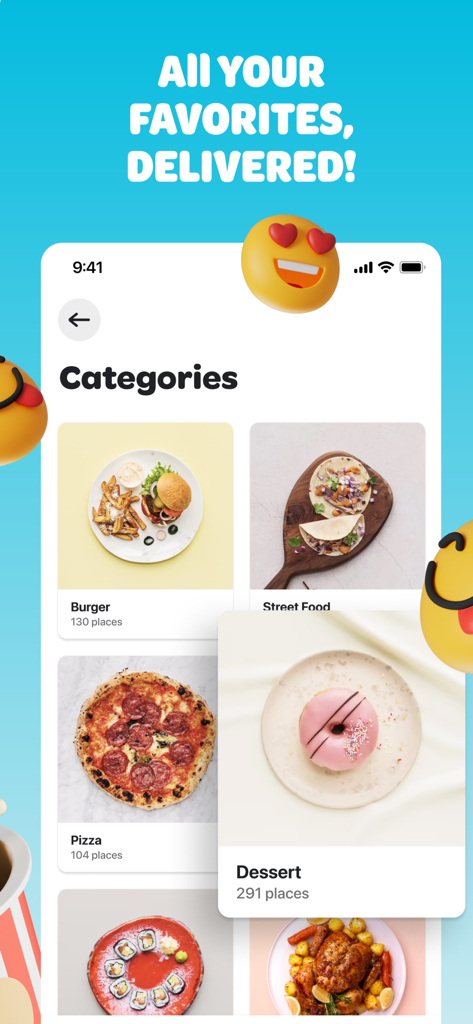 Écran de l'application Wolt affichant différentes catégories de livraison de repas comme pizza, burger et desserts