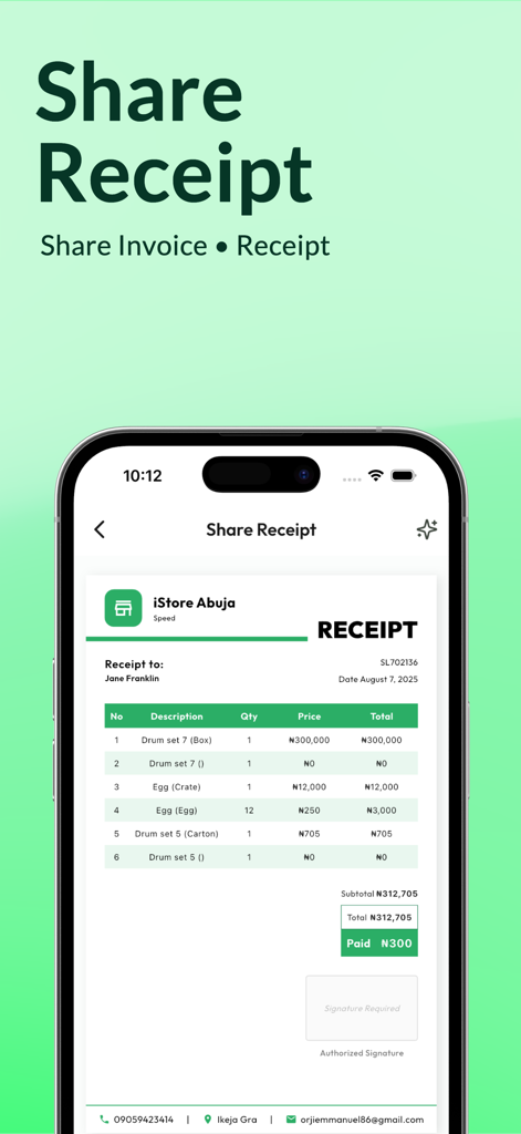 Zuru-Inventory & Sales Manager - Mobile app interface showing a professional digital receipt ready for sharing with customers