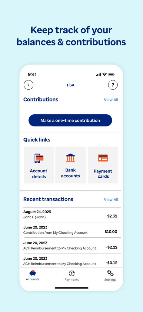 Interface of the Optum Bank app showing HSA contributions, quick links, and recent transactions.