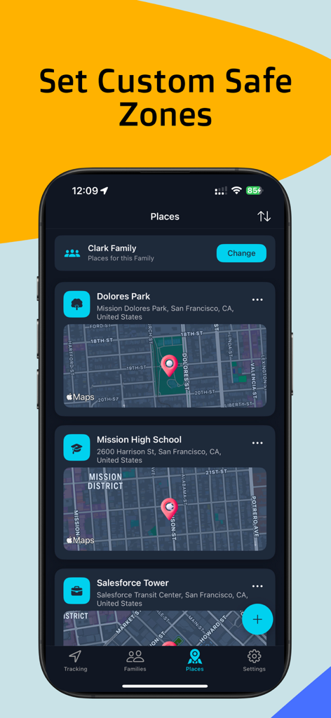 Haven: Find Phone Location - Interfaz de la app Haven mostrando zonas seguras personalizadas y ubicaciones de geovallas en un mapa