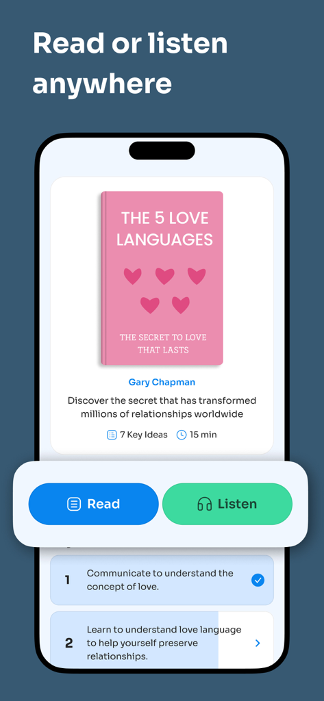 Retell - Key Ideas in 15 Mins - Retell mobile app screen showing a 15-minute summary of The 5 Love Languages with read and listen buttons.