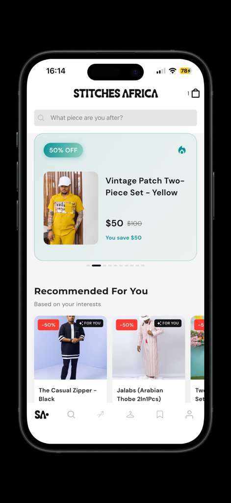 Stitches Africa - The home screen of the Stitches Africa app displaying African menswear deals and personalized fashion recommendations.