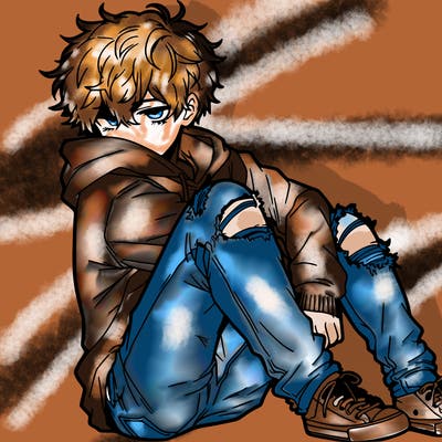 a male hoddie ripped jeans messy hair anime