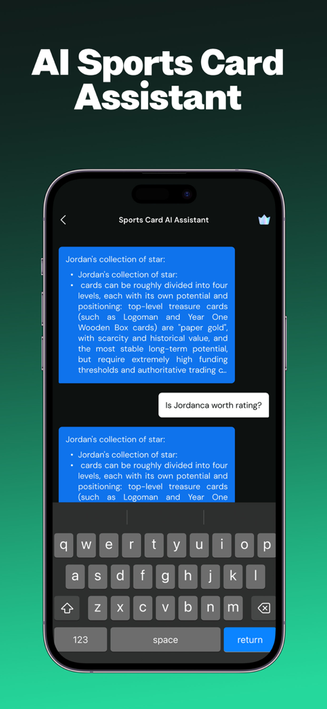 CardSnap - Sports Card Scanner - Interface of the AI Sports Card Assistant chat providing expert advice on card valuation and rarity within the CardSnap app