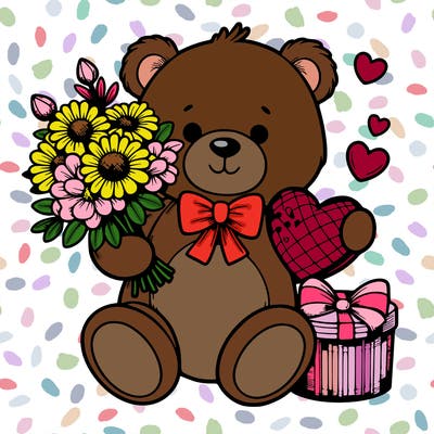 teddy bear holding valentine, flowers, and chocolates