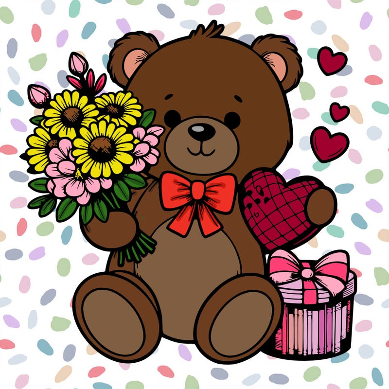 teddy bear holding valentine, flowers, and chocolates