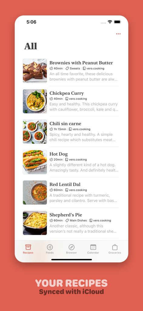 Mela - Recipe Manager - A list of recipes in the Mela app on iPhone featuring sync with iCloud