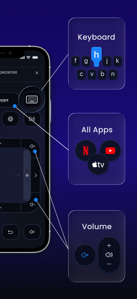 TV Remote Universal Control - Interfaz de la aplicación de control remoto universal para TV con navegación por teclado y accesos directos a aplicaciones de streaming.