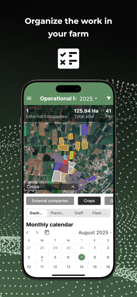 Schermata dello smartphone che mostra l'app xFarm con una vista satellitare di campi agricoli e un calendario di lavoro mensile