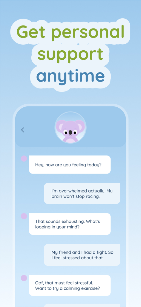 Kozy: Anxiety Relief Games - A chat interface from the Kozy app showing a supportive conversation with a purple koala AI companion for anxiety relief.