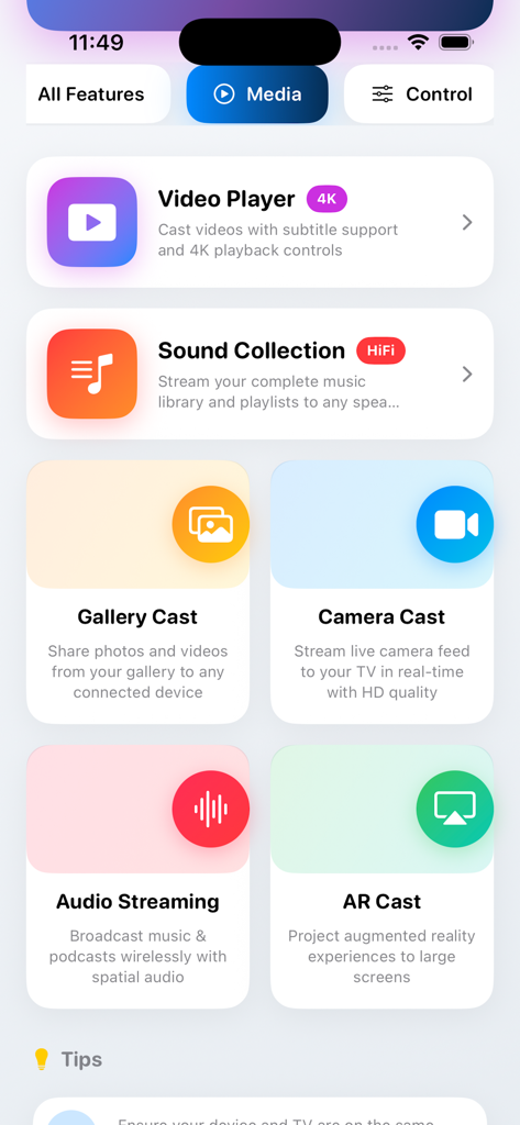 Anyview Cast - Anyview Cast App-Oberfläche zeigt Optionen für Videoplayer, Galerie, Audio-Streaming und Kamera-Casting.