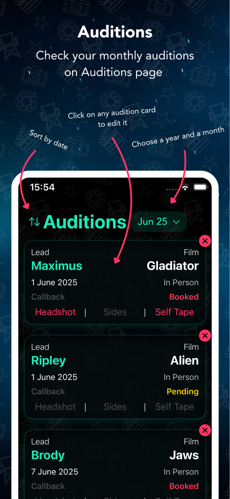 Audition Tracker - Audition Tracker app interface displaying a list of actor auditions with project names roles and booking statuses