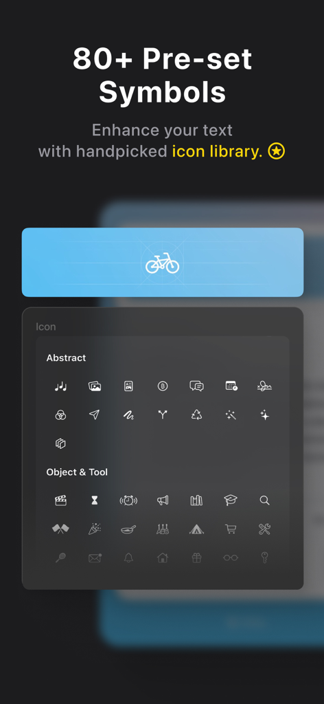 Kiko Card:Text Post & Carousel - A screenshot of the Kiko Card app showing an icon library with over 80 pre-set symbols to enhance social media text posts.