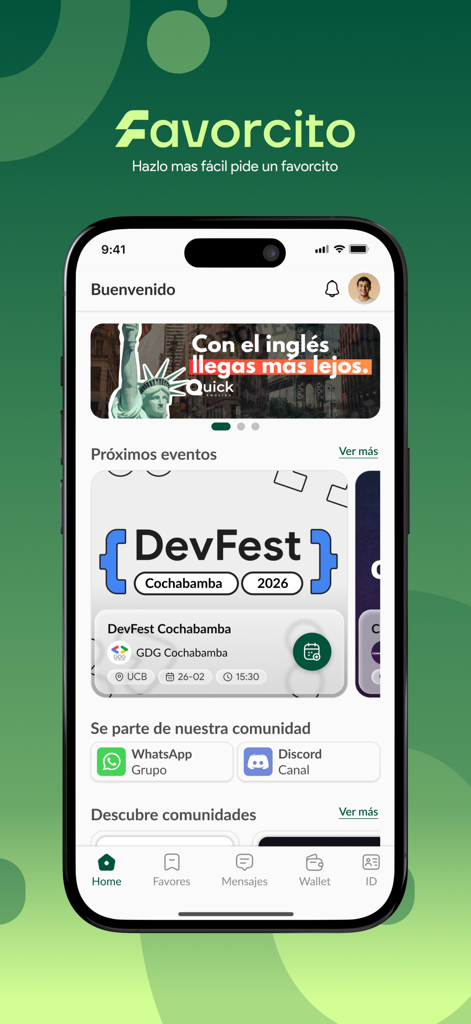 Tu Favorcito - Estudiantes - Tu Favorcito 학생 작업 앱 홈 화면, 예정된 이벤트 및 커뮤니티 링크 표시