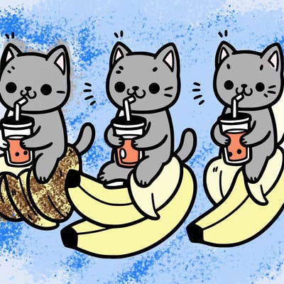 three cats riding a banana drinking orange juice