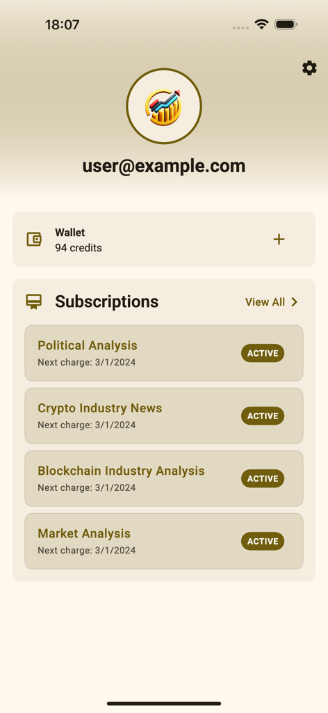 Era of Change app screen showing active user subscriptions for political and market analytics
