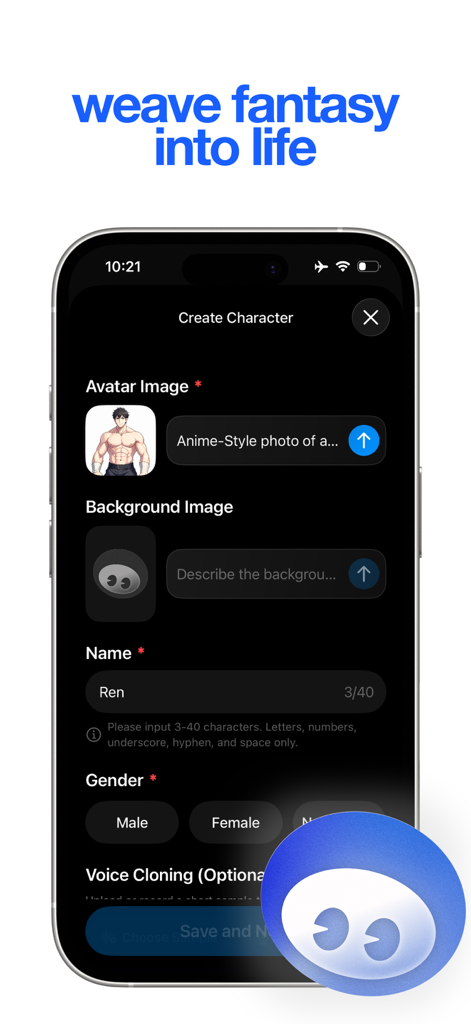 mochii - Emochi alternative - A smartphone screen showing the Mochii app character creation interface with options for avatar name and gender