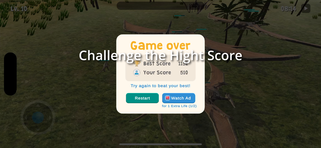 Dinosaur Game - Raptor Pack - Game over screen in Dinosaur Game Raptor Pack showing player score and high score challenge