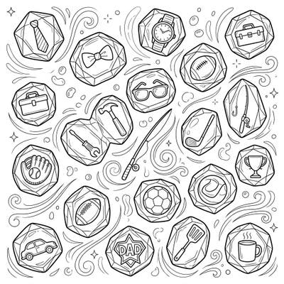 Discover a cool way to celebrate Father's Day with this unique coloring page! Featuring various Dad-themed symbols encased within sparkling hailstones, it's a perfect activity to show your appreciation.