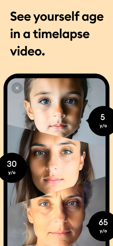 Remini app screen showing an AI aging timelapse transformation from ages 5 to 65