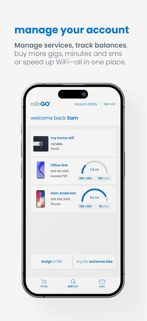 rainGo mobile app interface showing account management and data usage tracking