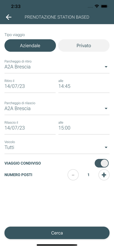 Targa Smart Mobility - Buchungsoberfläche für eine stationsbasierte Carsharing-Fahrt in der Targa Smart Mobility App