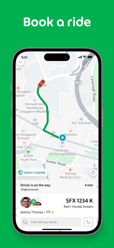 Grab app interface displaying a taxi booking with driver details and real-time tracking on a map