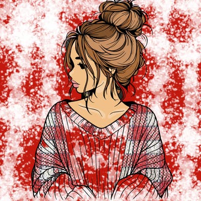 realistic girl wearing a messy bun and an oversized sweater