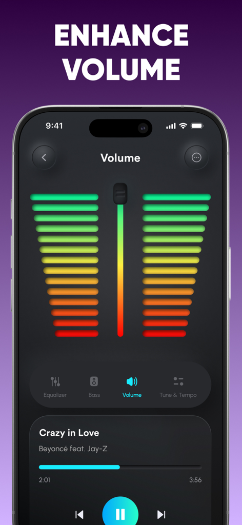 iPhone-Bildschirm, der die Oberfläche der Lautstärke-Booster-App mit einem bunten vertikalen Lautstärkeregler und Musikplayer-Steuerelementen zeigt