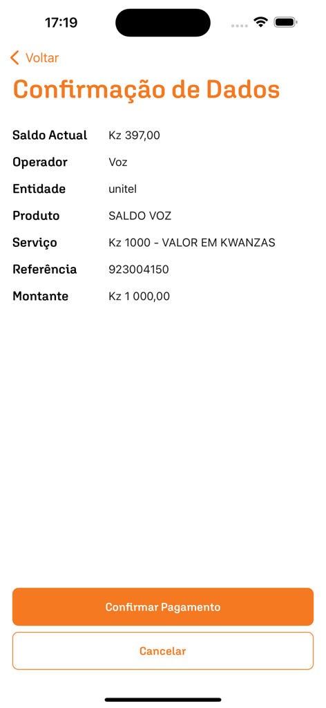 Ecrã da aplicação móvel mostrando uma confirmação de transação para uma recarga Unitel em Kwanzas angolanos.