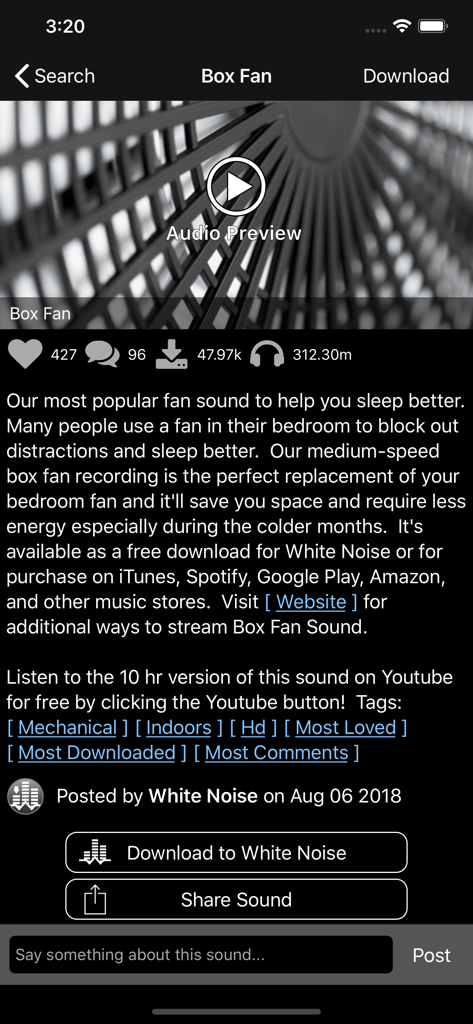 White Noise Market - La aplicación White Noise Market mostrando el sonido de un ventilador de caja con descripción y estadísticas de la comunidad