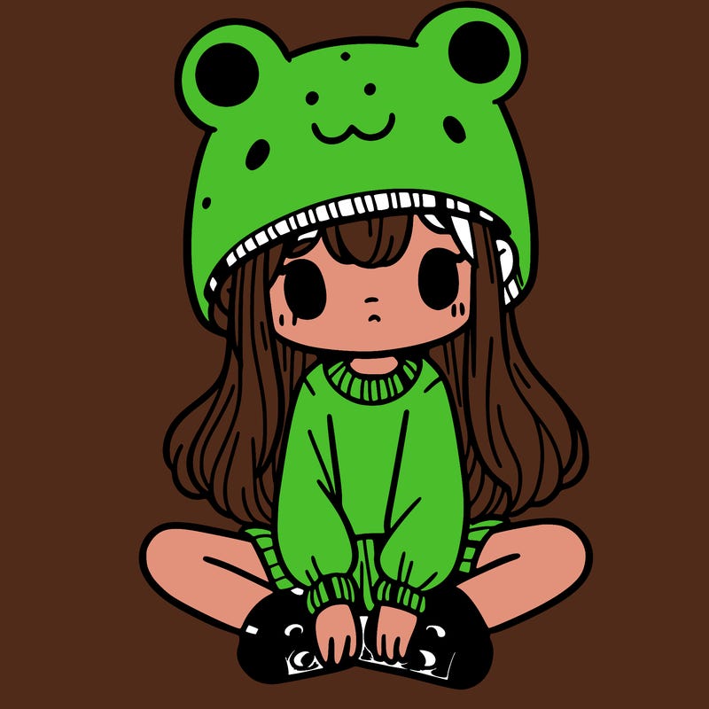 a girl wearing a frog hat and some frog socks