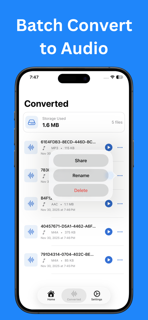 Mobile app interface showing a list of converted audio files with options to share rename and delete
