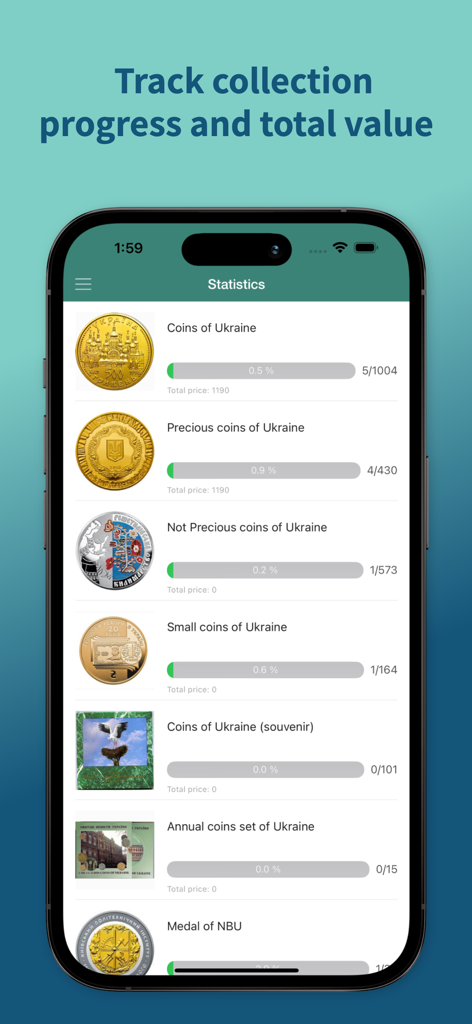 Pantalla de la aplicación móvil que muestra estadísticas de la colección de monedas ucranianas con barras de progreso y seguimiento del valor total.