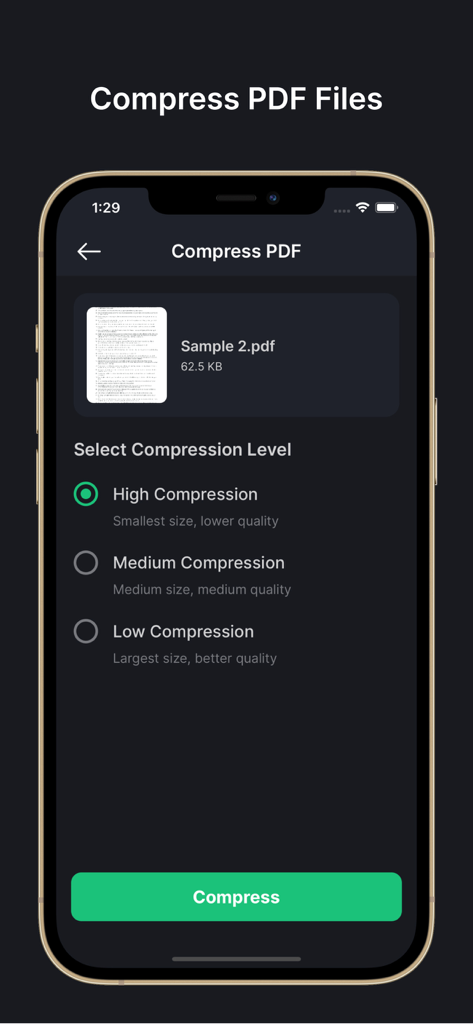 PDF Compressor: Size Reduce - Mobile app interface of PDF Compressor showing selection options for high medium and low compression levels