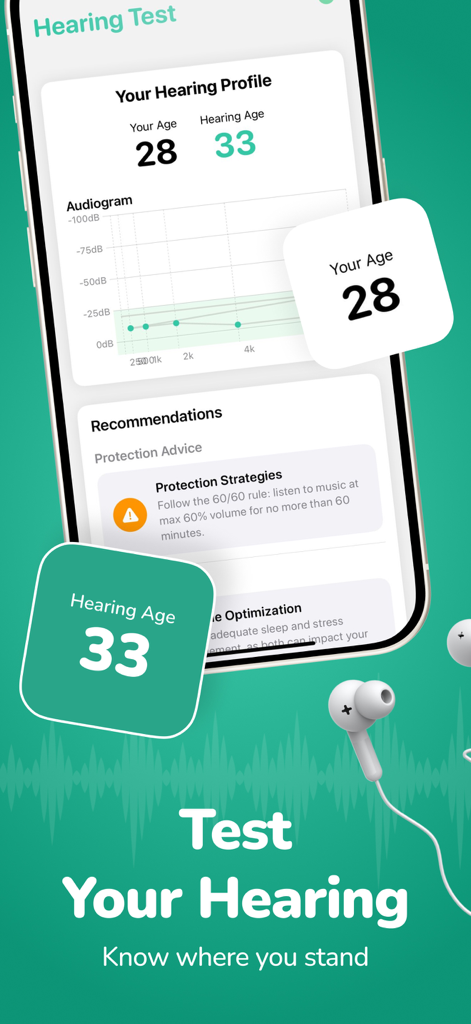 Interface de teste de audição de aplicativo móvel exibindo idade auditiva e resultados de audiograma.