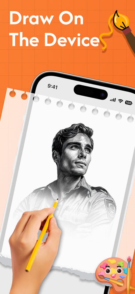 AR Drawing Sketch - Draw Anime - A hand sketching a portrait on a smartphone screen illustrating the draw on device feature