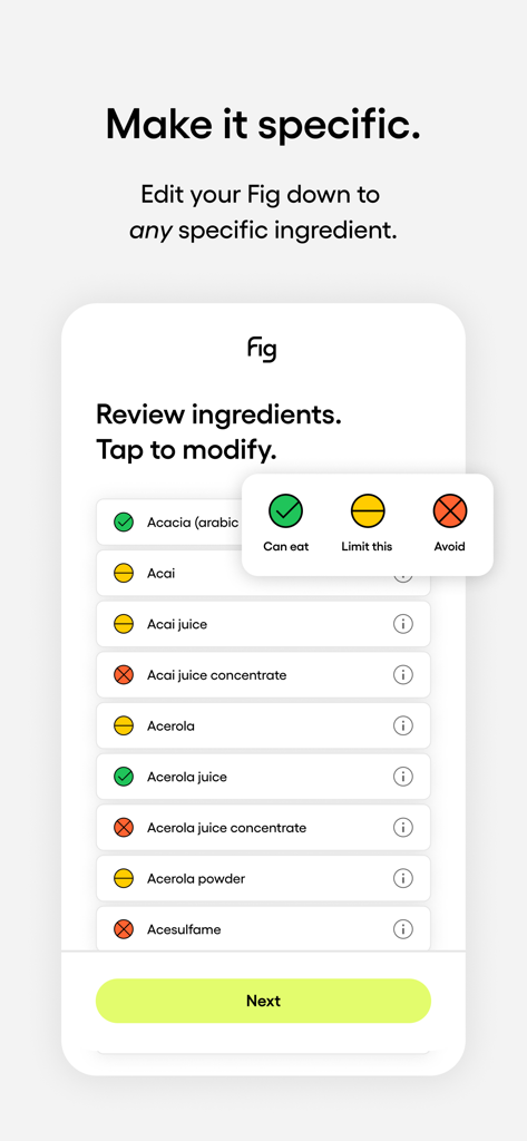 Interface showing how to personalize dietary restrictions by marking specific ingredients as can eat, limit, or avoid in the Fig app.