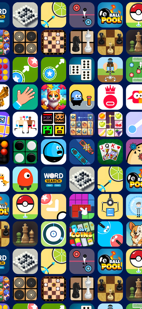 Grid of colorful icons for various two player offline mini games including pool and chess
